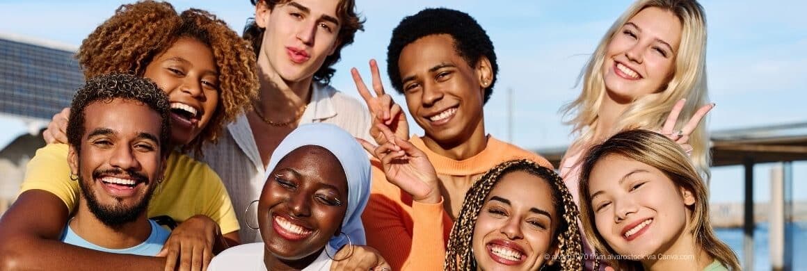 The photo shows a group of multi-ethnic and gender diverse young adults.